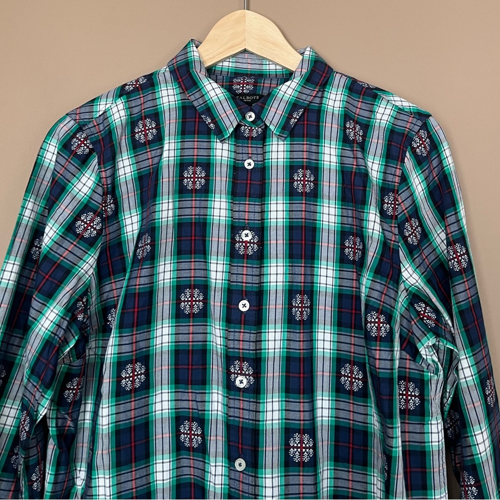 {Talbots} Classic Cotton Button Down in Snowflake Jacquard Plaid - Large Petite - Picture 2 of 9